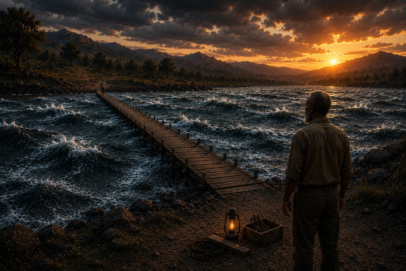 An old man builds a bridge across rushing water at dusk while a young traveler approaches from the far side